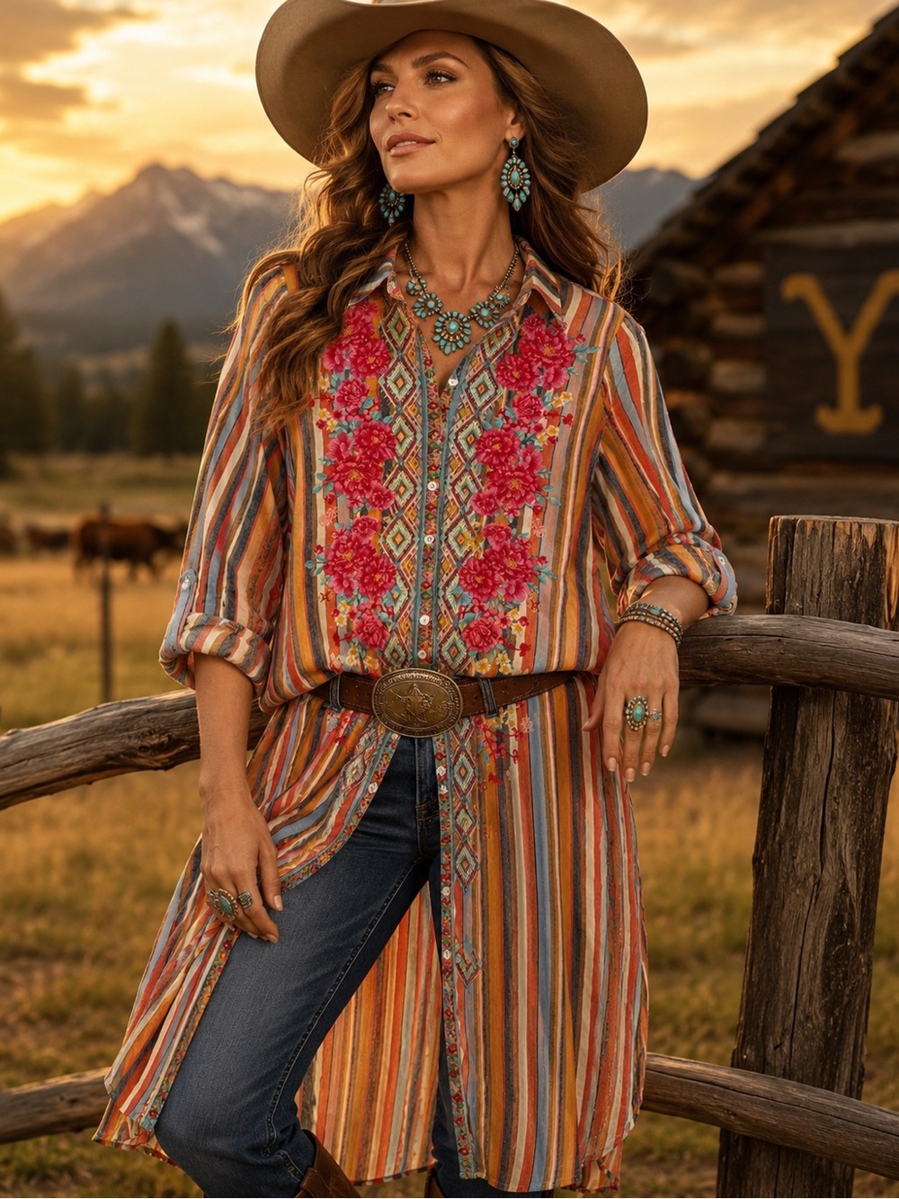 Savanna Jane Linen Blend Embroidered Floral Duster Shirt Dress Western Boho S